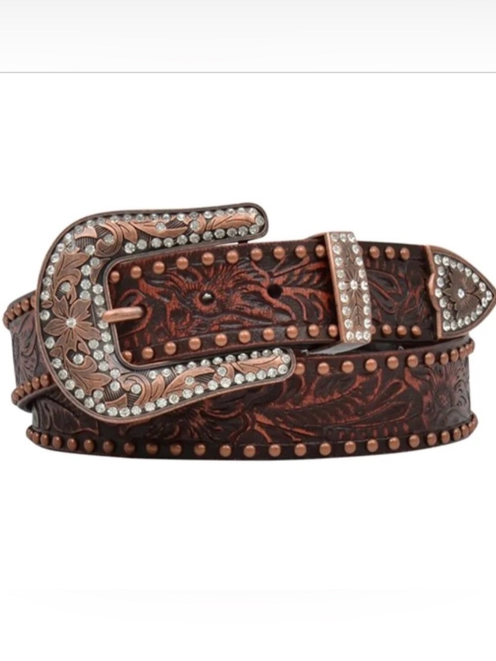 Angel Ranch Brown New Tooled Leather Western Belt Rhinestone Buckle Sz S & M New